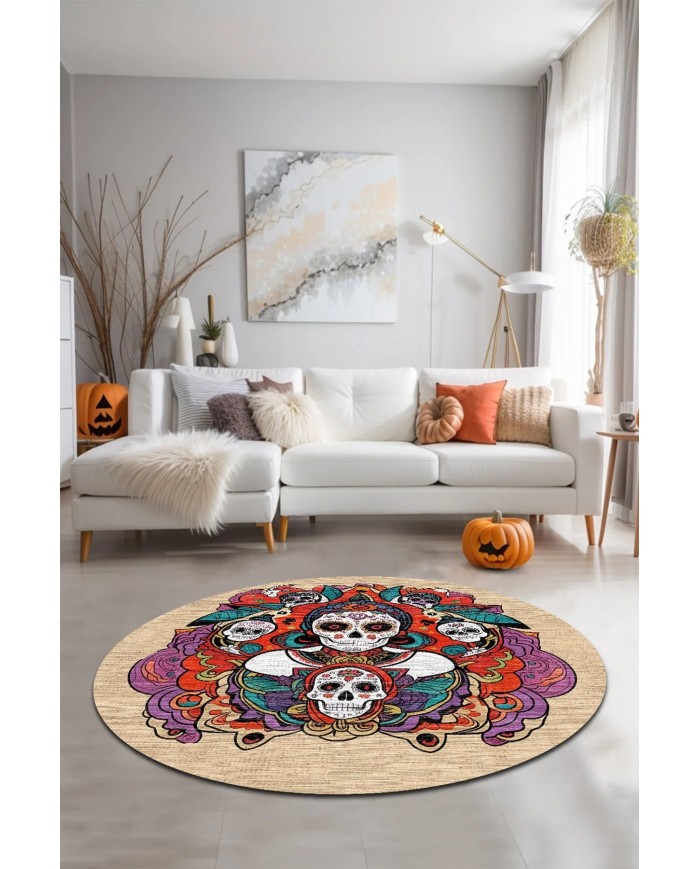 Skeleton Pamuk Tabanlı Yıkanabilen Kaydırmaz Antibakteriyel Şönil Yuvarlak Halı