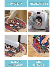 Skeleton Pamuk Tabanlı Yıkanabilen Kaydırmaz Antibakteriyel Şönil Yuvarlak Halı