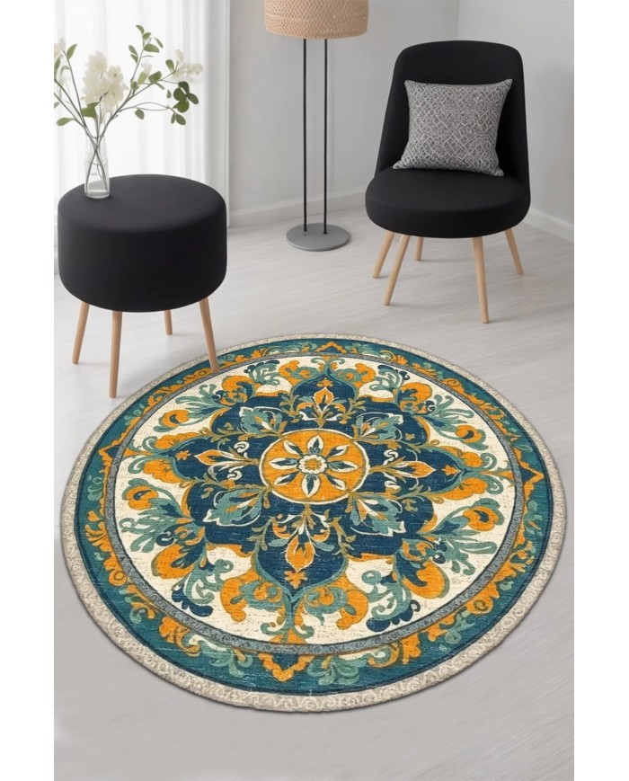 Solute Pamuk Tabanlı Yıkanabilen Kaydırmaz Antibakteriyel Şönil Yuvarlak Halı