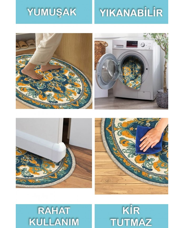 Solute Pamuk Tabanlı Yıkanabilen Kaydırmaz Antibakteriyel Şönil Yuvarlak Halı