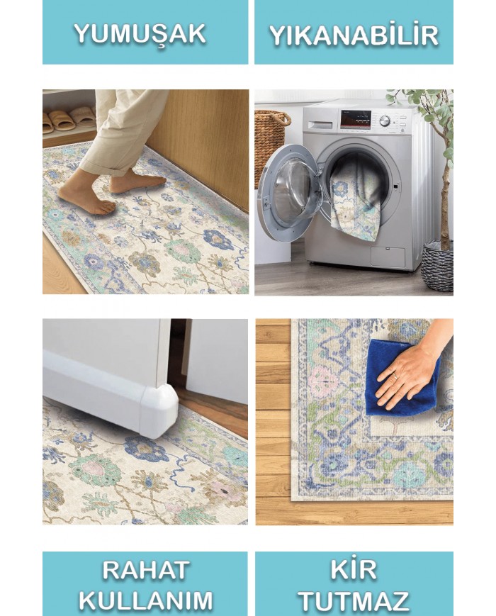 Simay Desenli Pamuk Tabanlı Yıkanabilen Kaydırmaz Antibakteriyel Şönil Salon Halısı