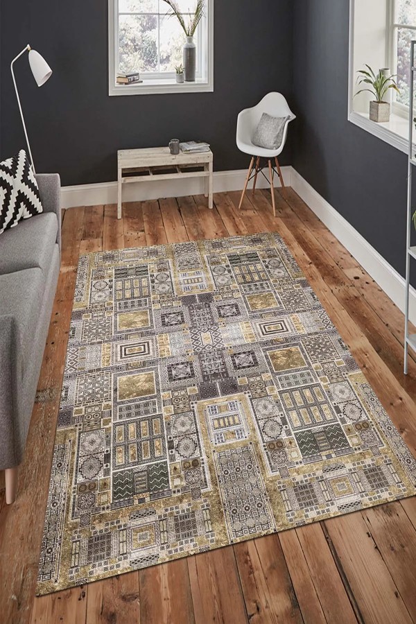 Sıntra Desenli Pamuk Tabanlı Yıkanabilen Kaydırmaz Antibakteriyel Şönil Salon Halısı