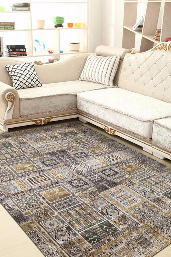 Sıntra Desenli Pamuk Tabanlı Yıkanabilen Kaydırmaz Antibakteriyel Şönil Salon Halısı