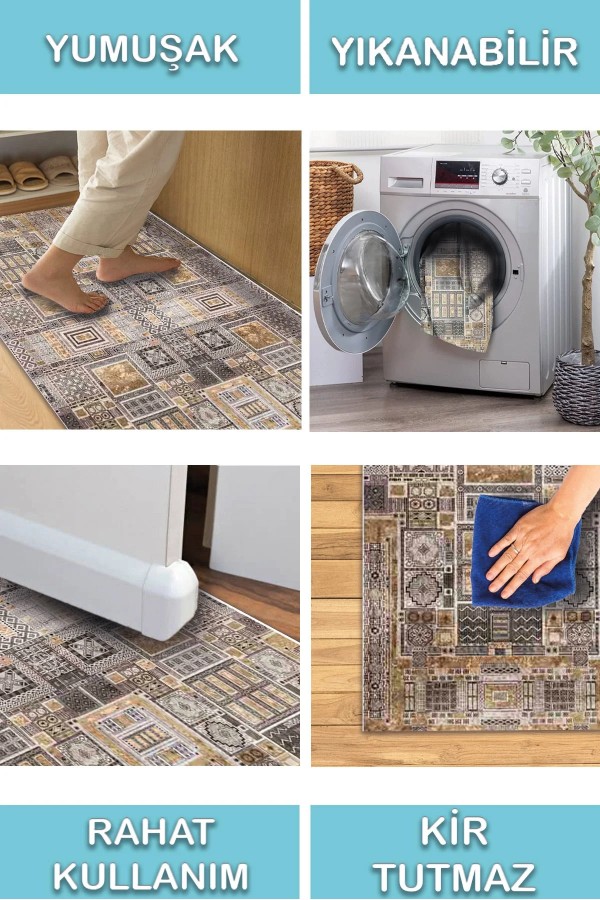 Sıntra Desenli Pamuk Tabanlı Yıkanabilen Kaydırmaz Antibakteriyel Şönil Salon Halısı