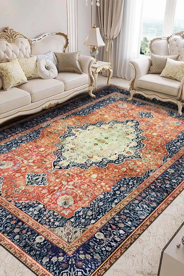 Sinre Desenli Pamuk Tabanlı Yıkanabilen Kaydırmaz Antibakteriyel Şönil Salon Halısı