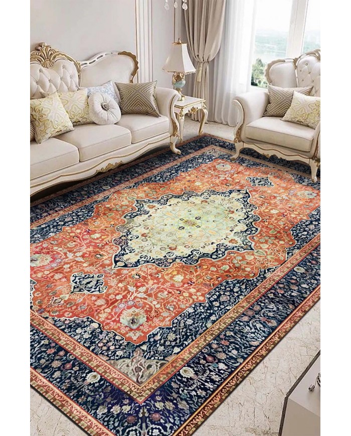 Sinre Desenli Pamuk Tabanlı Yıkanabilen Kaydırmaz Antibakteriyel Şönil Salon Halısı