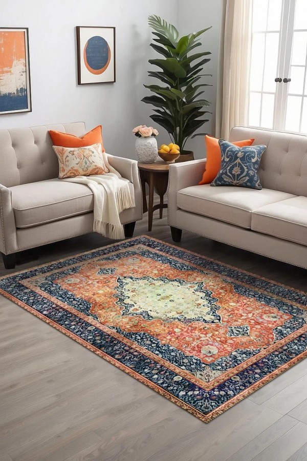 Sinre Desenli Pamuk Tabanlı Yıkanabilen Kaydırmaz Antibakteriyel Şönil Salon Halısı