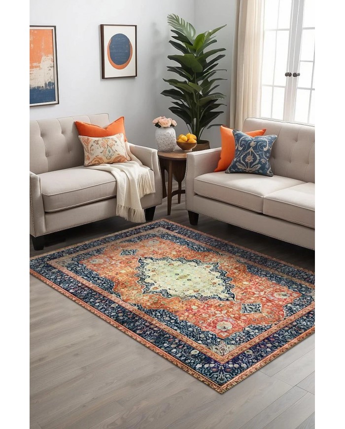 Sinre Desenli Pamuk Tabanlı Yıkanabilen Kaydırmaz Antibakteriyel Şönil Salon Halısı