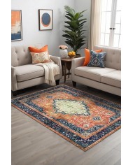 Sinre Desenli Pamuk Tabanlı Yıkanabilen Kaydırmaz Antibakteriyel Şönil Salon Halısı