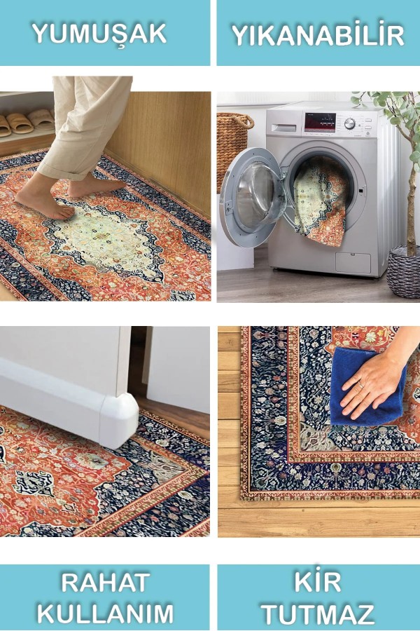 Sinre Desenli Pamuk Tabanlı Yıkanabilen Kaydırmaz Antibakteriyel Şönil Salon Halısı