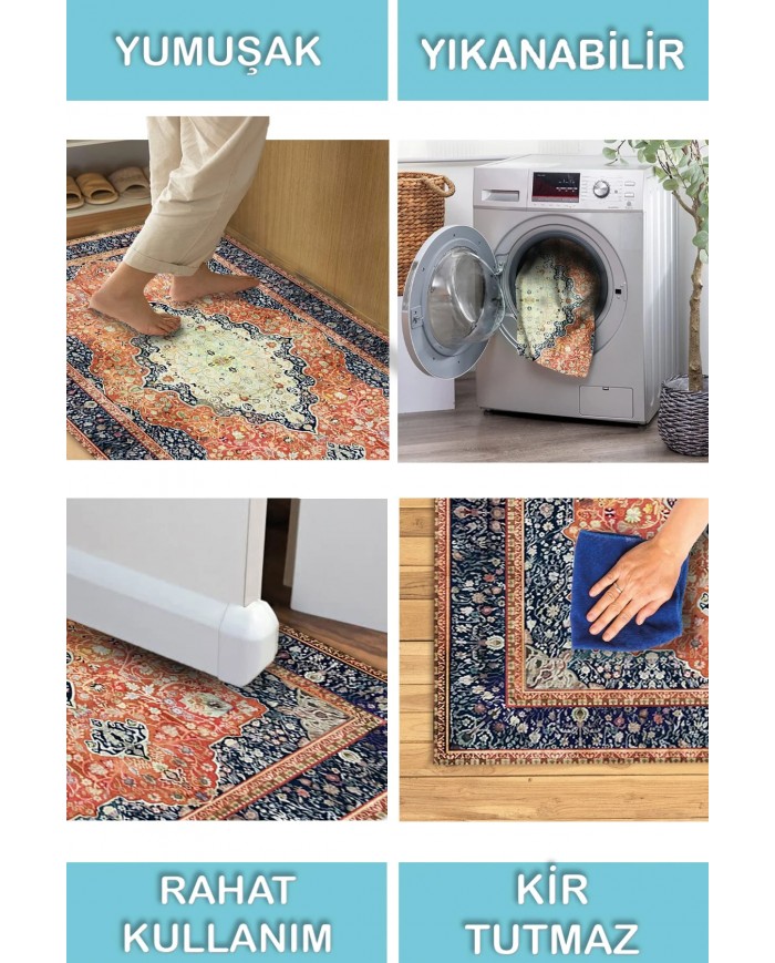 Sinre Desenli Pamuk Tabanlı Yıkanabilen Kaydırmaz Antibakteriyel Şönil Salon Halısı