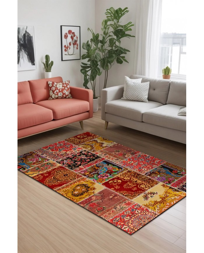 Silena Desenli Pamuk Tabanlı Yıkanabilen Kaydırmaz Antibakteriyel Şönil Salon Halısı