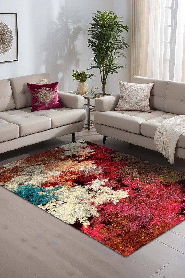 Shoko Desenli Pamuk Tabanlı Yıkanabilen Kaydırmaz Antibakteriyel Şönil Salon Halısı