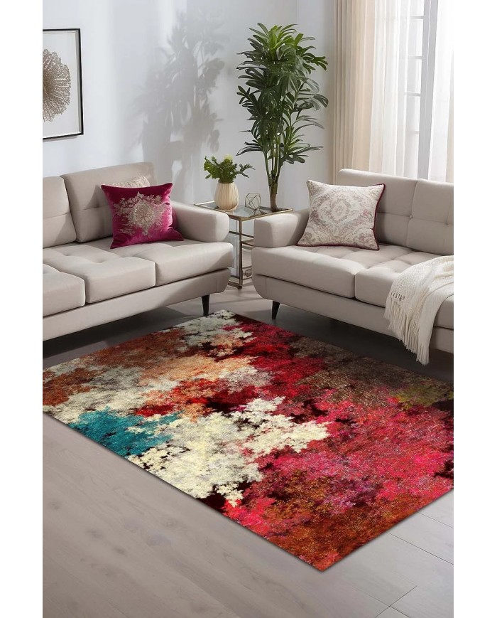 Shoko Desenli Pamuk Tabanlı Yıkanabilen Kaydırmaz Antibakteriyel Şönil Salon Halısı