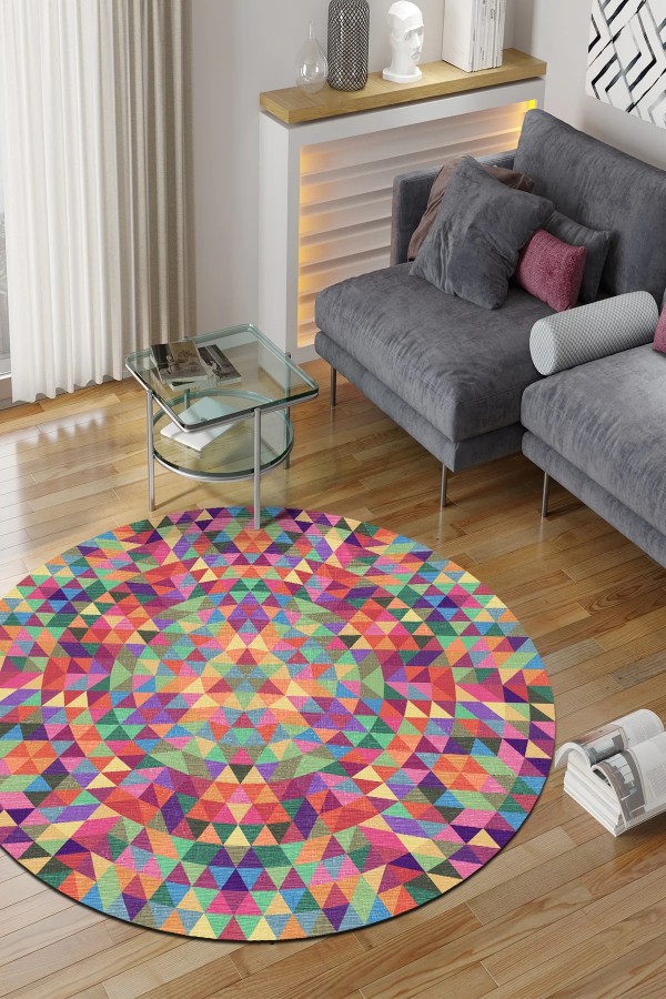 Sepom Pamuk Tabanlı Yıkanabilen Kaydırmaz Antibakteriyel Şönil Yuvarlak Halı