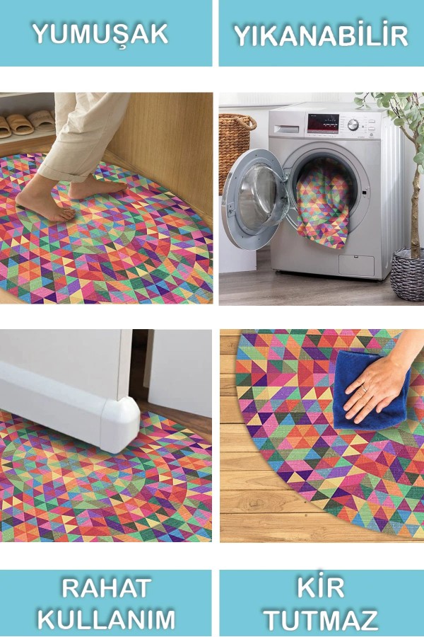 Sepom Pamuk Tabanlı Yıkanabilen Kaydırmaz Antibakteriyel Şönil Yuvarlak Halı