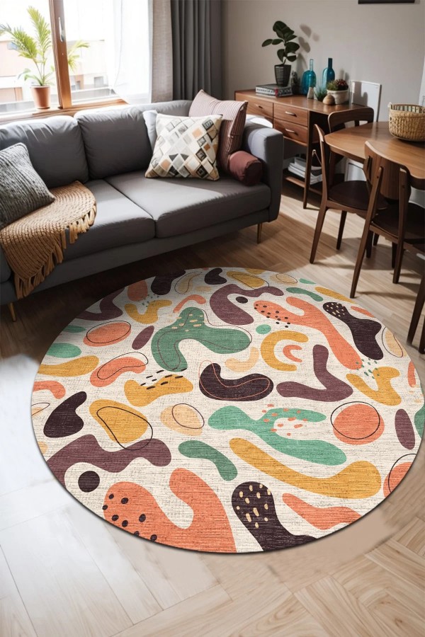 Selone Pamuk Tabanlı Yıkanabilen Kaydırmaz Antibakteriyel Şönil Yuvarlak Halı