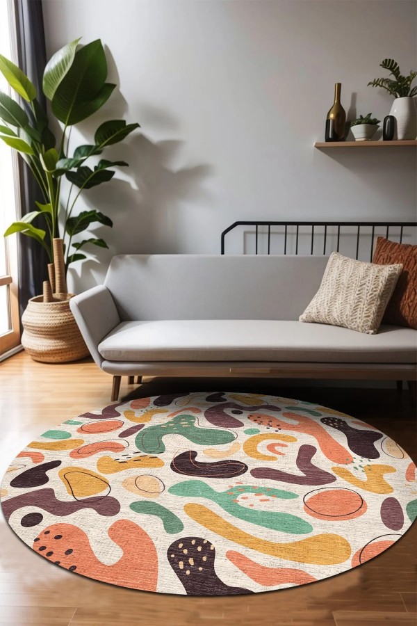 Selone Pamuk Tabanlı Yıkanabilen Kaydırmaz Antibakteriyel Şönil Yuvarlak Halı