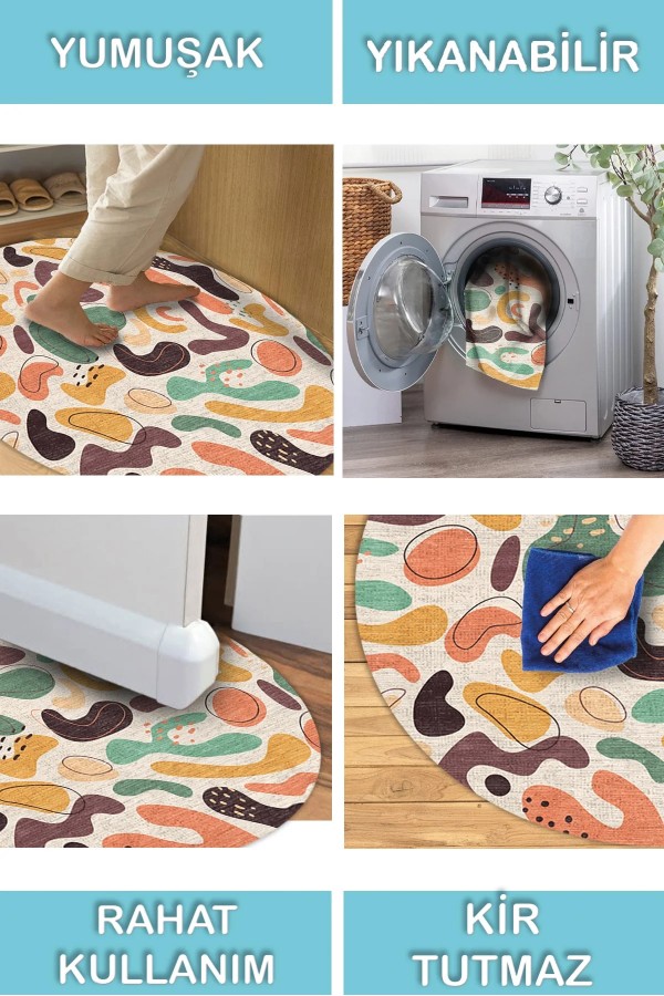 Selone Pamuk Tabanlı Yıkanabilen Kaydırmaz Antibakteriyel Şönil Yuvarlak Halı