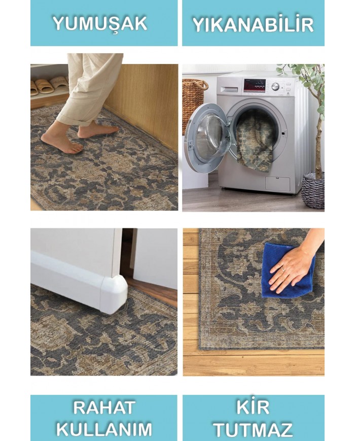 Selezi Desenli Pamuk Tabanlı Yıkanabilen Kaydırmaz Antibakteriyel Şönil Salon Halısı