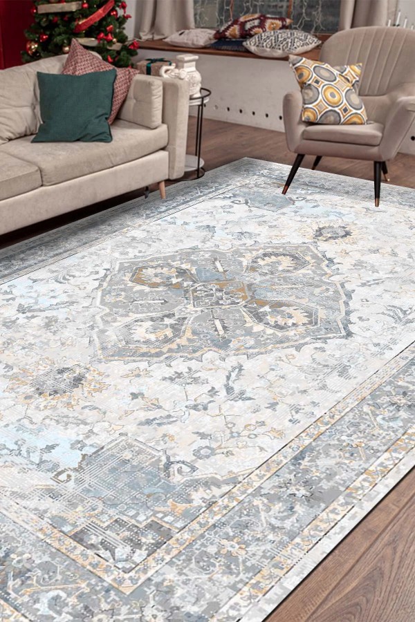 Sarande Desenli Pamuk Tabanlı Yıkanabilen Kaydırmaz Antibakteriyel Şönil Salon Halısı