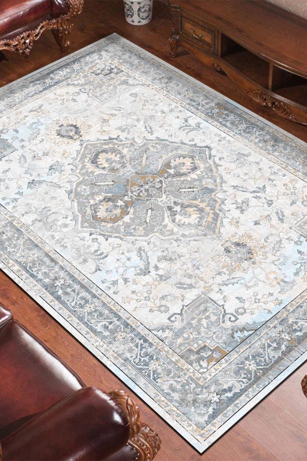 Sarande Desenli Pamuk Tabanlı Yıkanabilen Kaydırmaz Antibakteriyel Şönil Salon Halısı