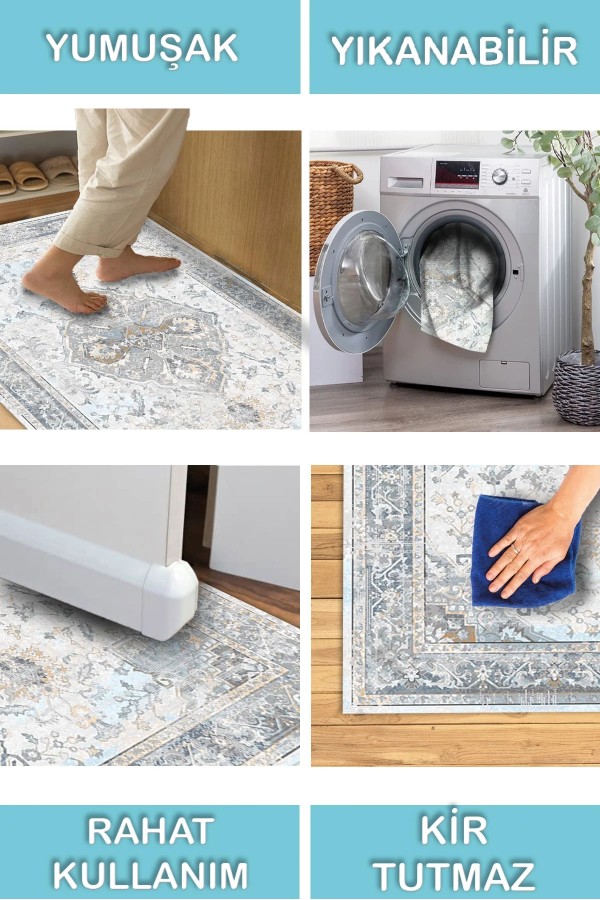 Sarande Desenli Pamuk Tabanlı Yıkanabilen Kaydırmaz Antibakteriyel Şönil Salon Halısı