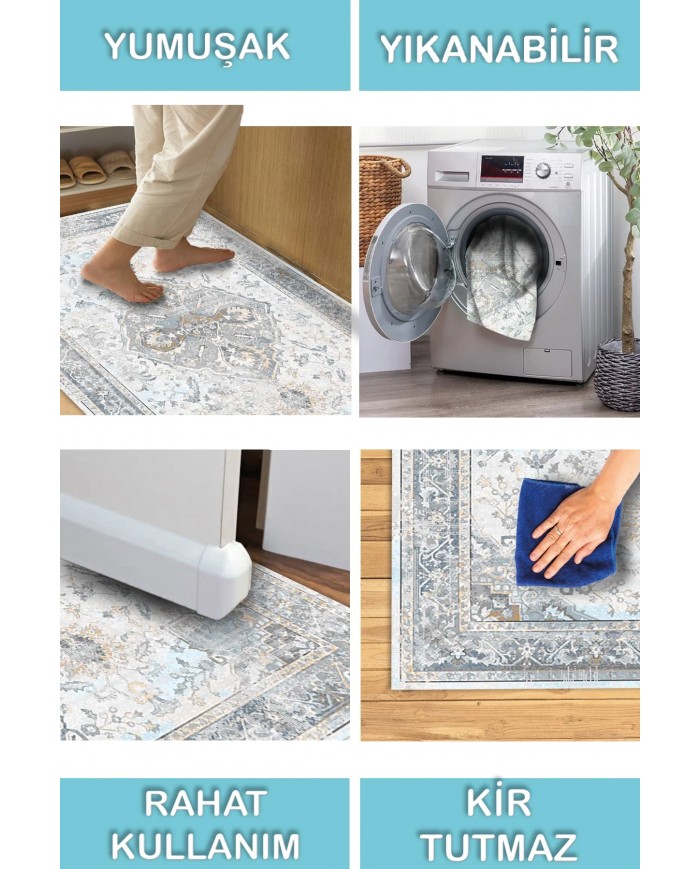 Sarande Desenli Pamuk Tabanlı Yıkanabilen Kaydırmaz Antibakteriyel Şönil Salon Halısı
