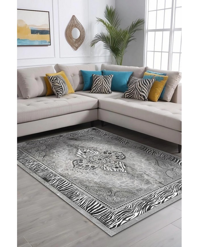 Riposa Desenli Pamuk Tabanlı Yıkanabilen Kaydırmaz Antibakteriyel Şönil Salon Halısı