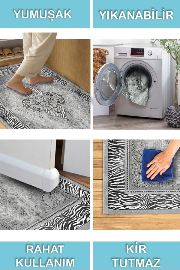 Riposa Desenli Pamuk Tabanlı Yıkanabilen Kaydırmaz Antibakteriyel Şönil Salon Halısı