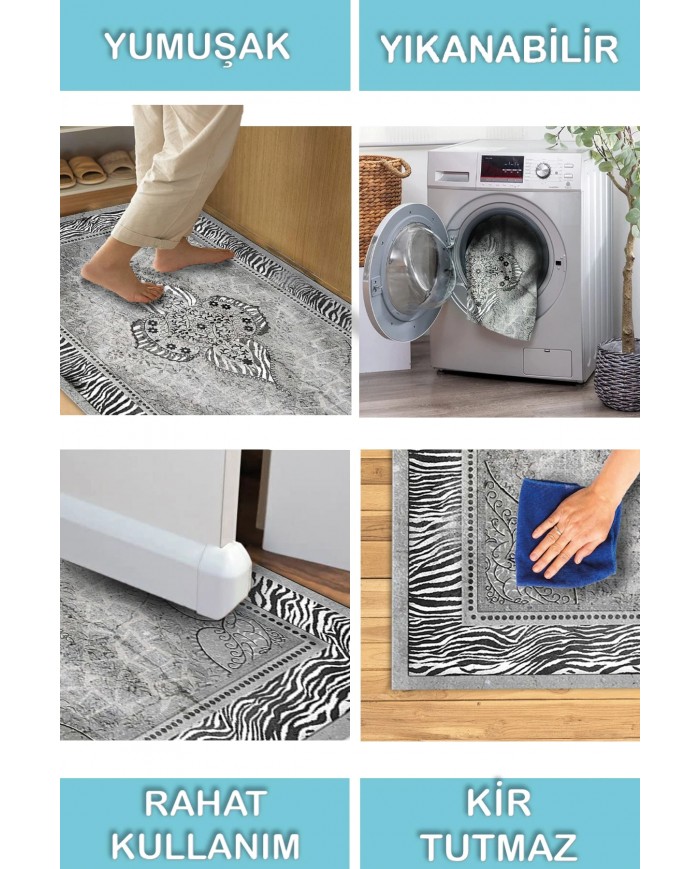 Riposa Desenli Pamuk Tabanlı Yıkanabilen Kaydırmaz Antibakteriyel Şönil Salon Halısı