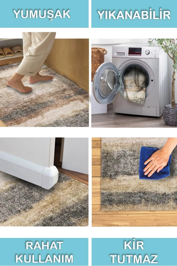 Rizta Desenli Pamuk Tabanlı Yıkanabilen Kaydırmaz Antibakteriyel Şönil Salon Halısı