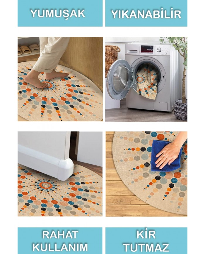 Rıenes Pamuk Tabanlı Yıkanabilen Kaydırmaz Antibakteriyel Şönil Yuvarlak Halı