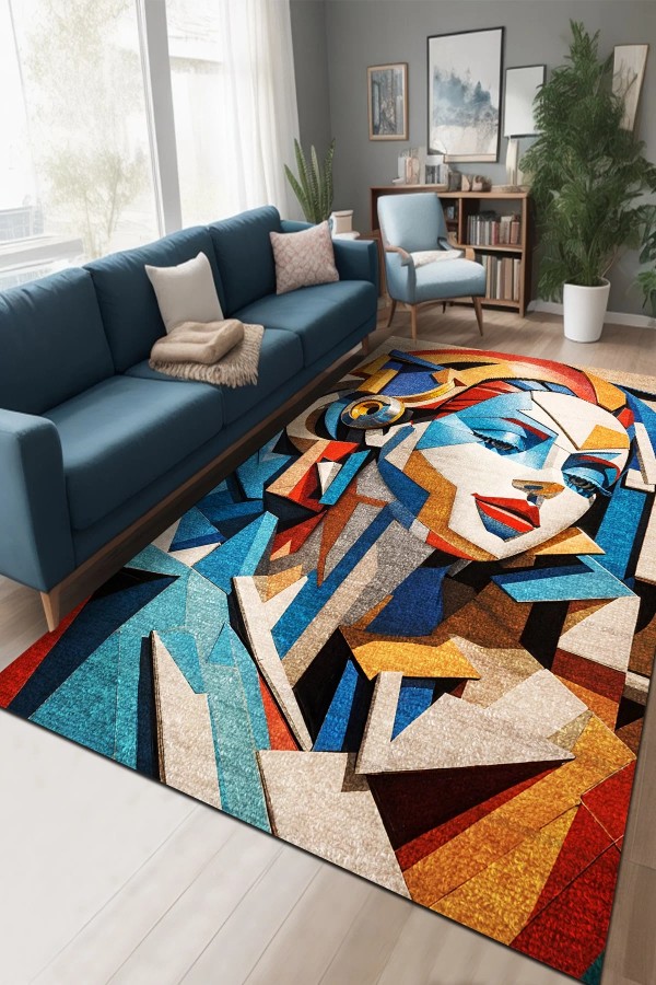 Stones Desenli Pamuk Tabanlı Yıkanabilen Kaydırmaz Antibakteriyel Şönil Salon Halısı