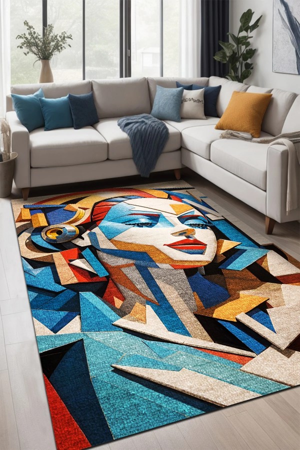 Stones Desenli Pamuk Tabanlı Yıkanabilen Kaydırmaz Antibakteriyel Şönil Salon Halısı