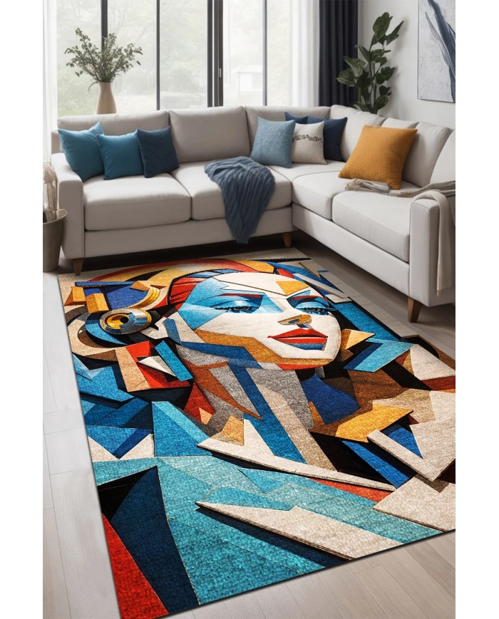 Stones Desenli Pamuk Tabanlı Yıkanabilen Kaydırmaz Antibakteriyel Şönil Salon Halısı