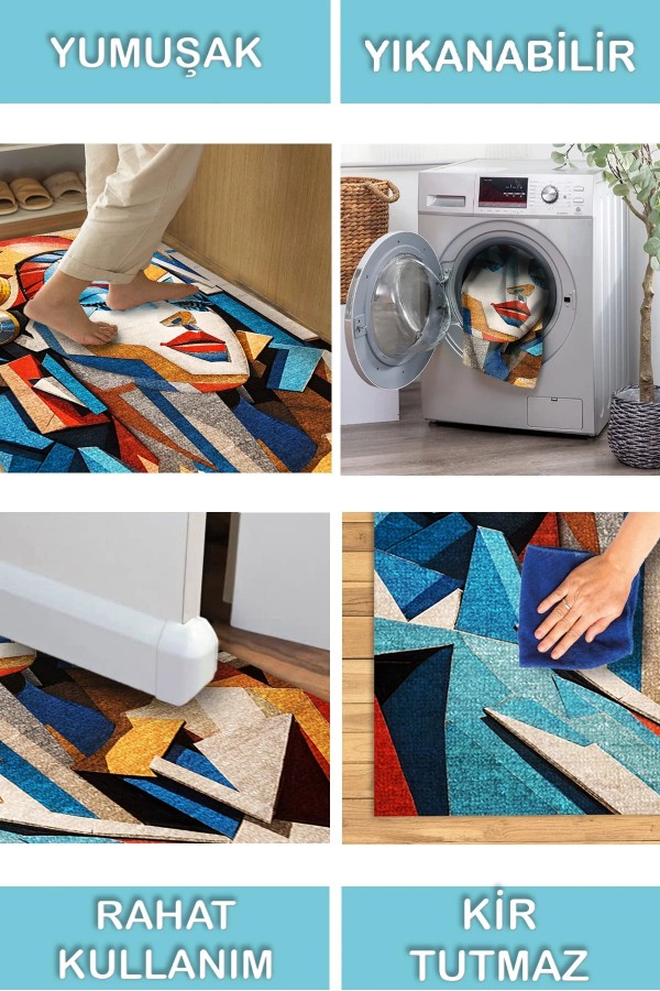 Stones Desenli Pamuk Tabanlı Yıkanabilen Kaydırmaz Antibakteriyel Şönil Salon Halısı