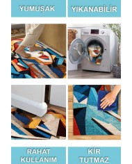 Stones Desenli Pamuk Tabanlı Yıkanabilen Kaydırmaz Antibakteriyel Şönil Salon Halısı