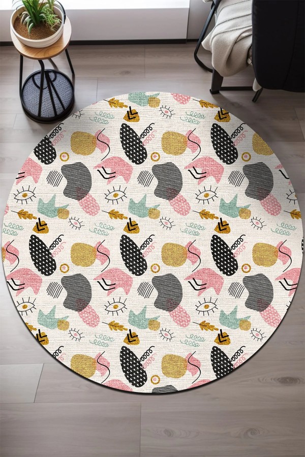 Taren Pamuk Tabanlı Yıkanabilen Kaydırmaz Antibakteriyel Şönil Yuvarlak Halı