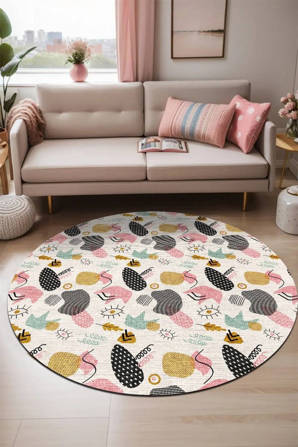 Taren Pamuk Tabanlı Yıkanabilen Kaydırmaz Antibakteriyel Şönil Yuvarlak Halı