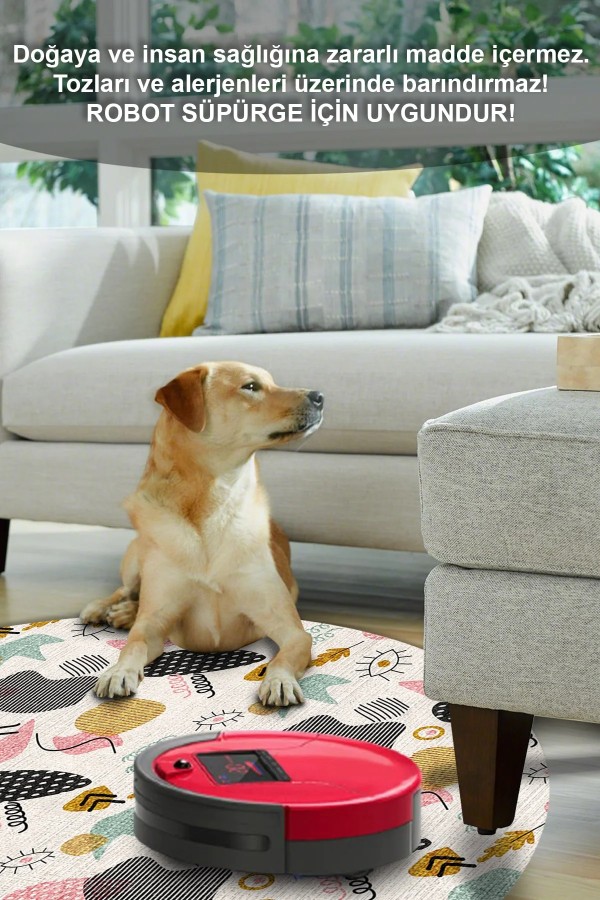 Taren Pamuk Tabanlı Yıkanabilen Kaydırmaz Antibakteriyel Şönil Yuvarlak Halı