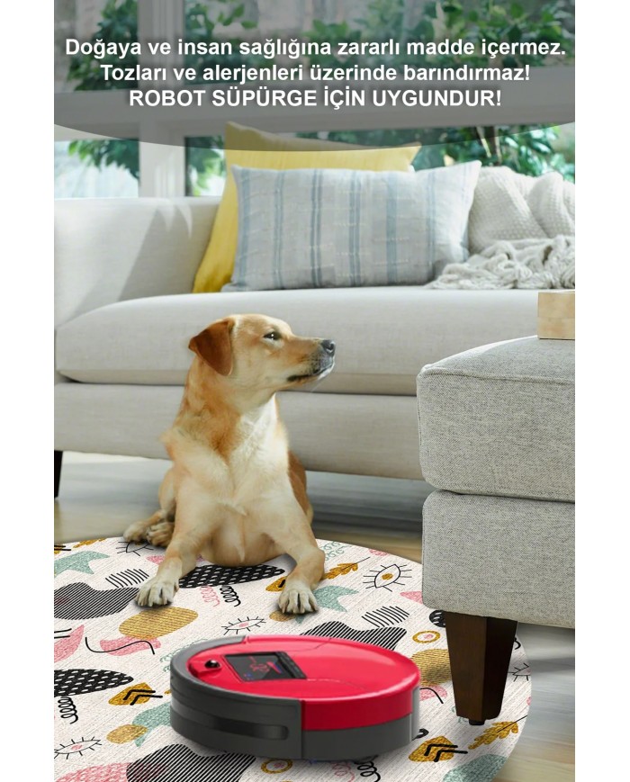 Taren Pamuk Tabanlı Yıkanabilen Kaydırmaz Antibakteriyel Şönil Yuvarlak Halı