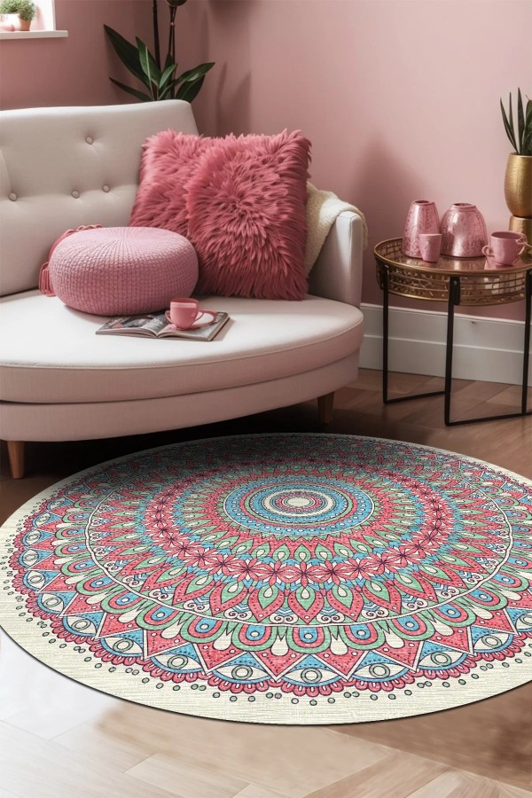 Thum Pamuk Tabanlı Yıkanabilen Kaydırmaz Antibakteriyel Şönil Yuvarlak Halı