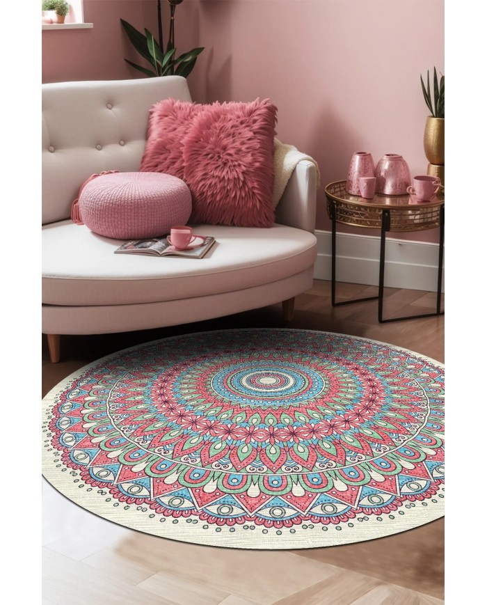 Thum Pamuk Tabanlı Yıkanabilen Kaydırmaz Antibakteriyel Şönil Yuvarlak Halı