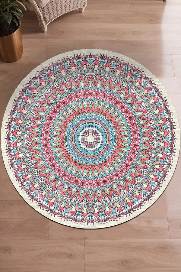 Thum Pamuk Tabanlı Yıkanabilen Kaydırmaz Antibakteriyel Şönil Yuvarlak Halı