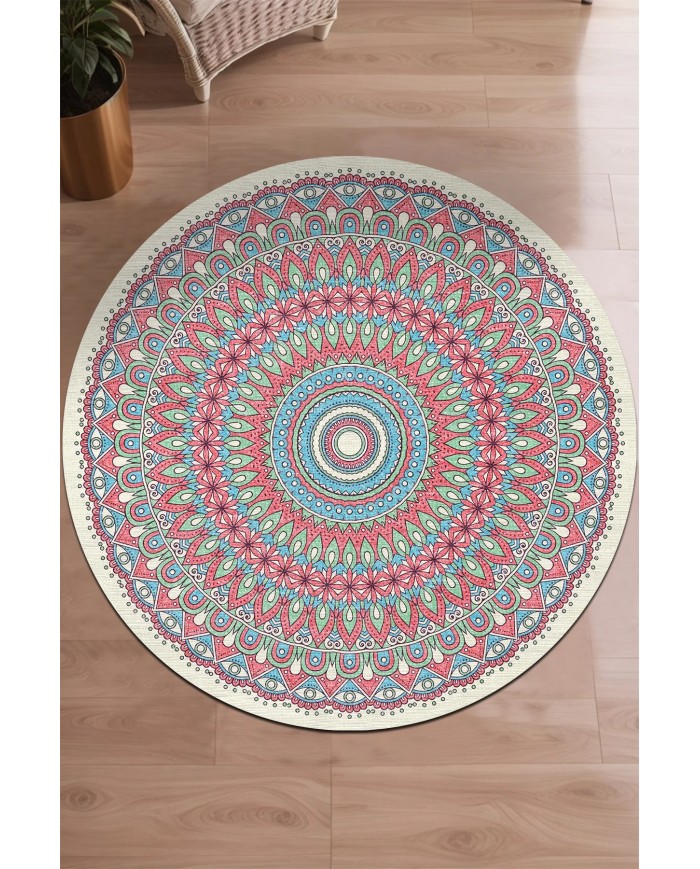 Thum Pamuk Tabanlı Yıkanabilen Kaydırmaz Antibakteriyel Şönil Yuvarlak Halı