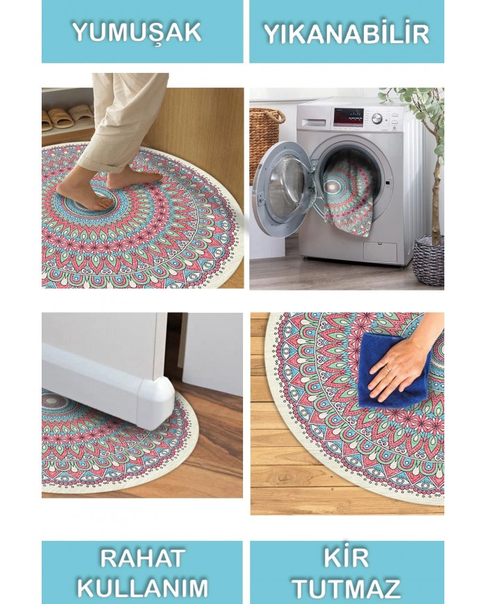 Thum Pamuk Tabanlı Yıkanabilen Kaydırmaz Antibakteriyel Şönil Yuvarlak Halı