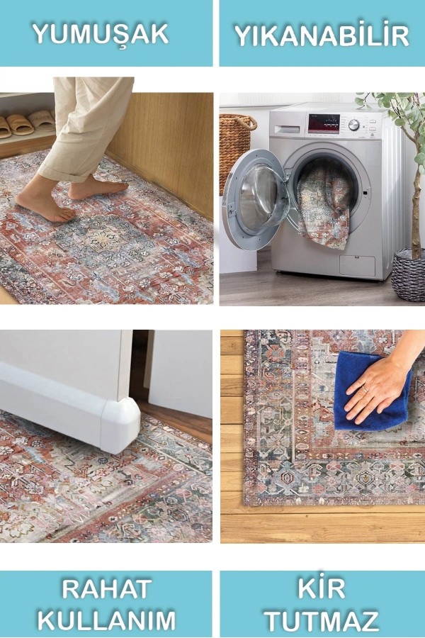 Tolas Desenli Pamuk Tabanlı Yıkanabilen Kaydırmaz Antibakteriyel Şönil Salon Halısı