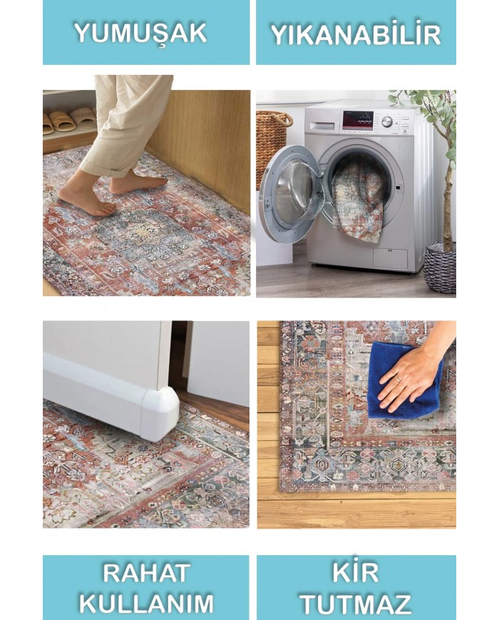 Tolas Desenli Pamuk Tabanlı Yıkanabilen Kaydırmaz Antibakteriyel Şönil Salon Halısı