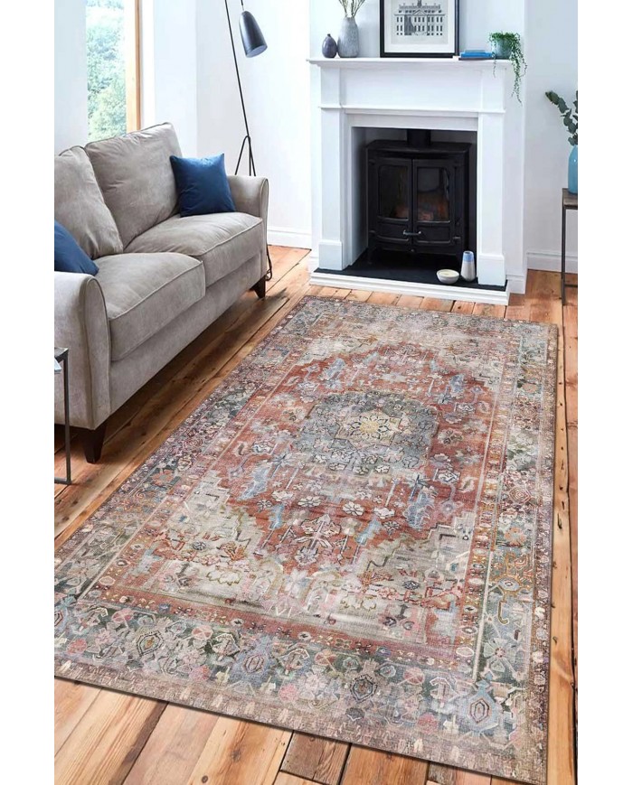 Tolas Desenli Pamuk Tabanlı Yıkanabilen Kaydırmaz Antibakteriyel Şönil Salon Halısı